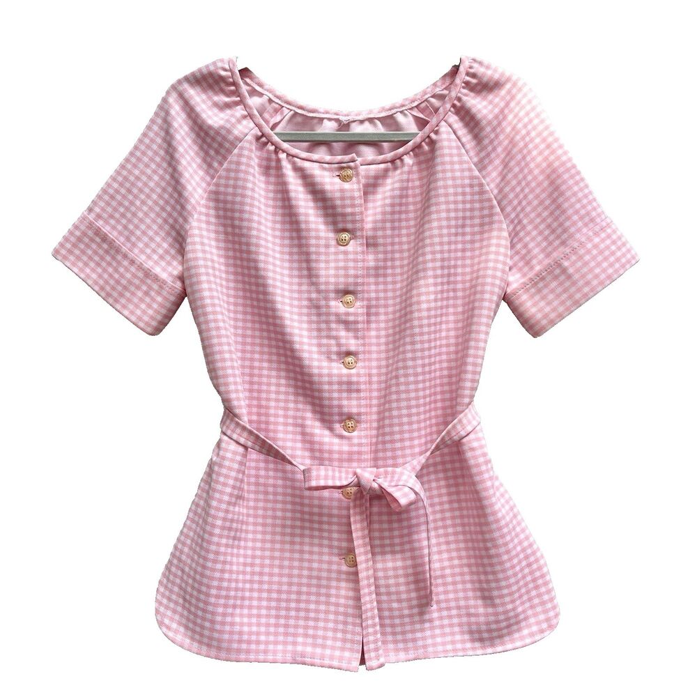 VTG Gingham Feminine Coquette Shirt Waist Tie, Buttons, Soft Girl Lolita Medium‎
